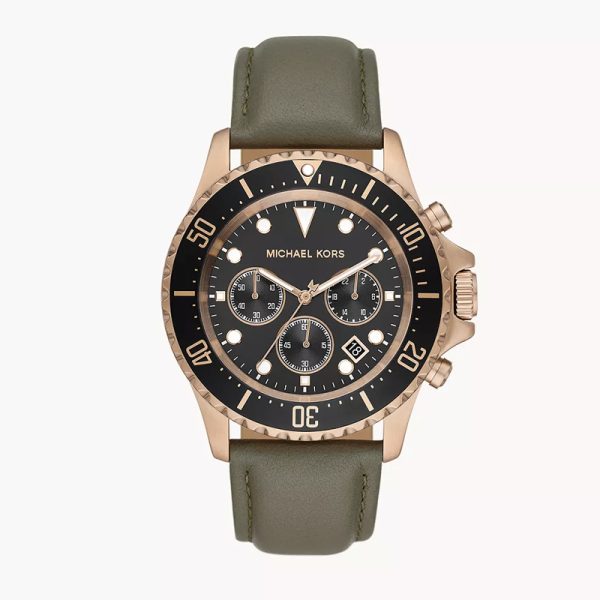 Michael Kors MK9090 Everest men's chronograph watch with rose gold case and olive green leather strap
