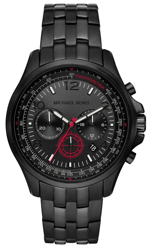 Michael Kors MK9127 black chronograph pilot watch with red accent subdials on black stainless steel bracelet