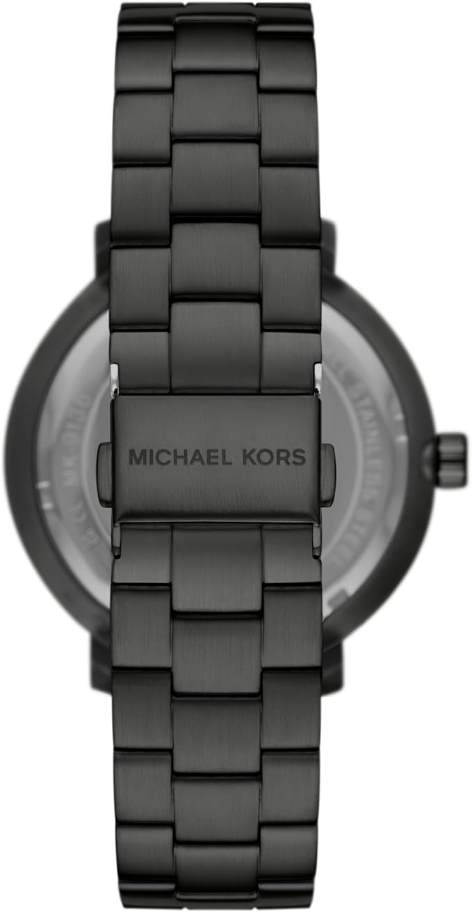 Back view of watch showing caseback with Michael Kors engraving and link bracelet