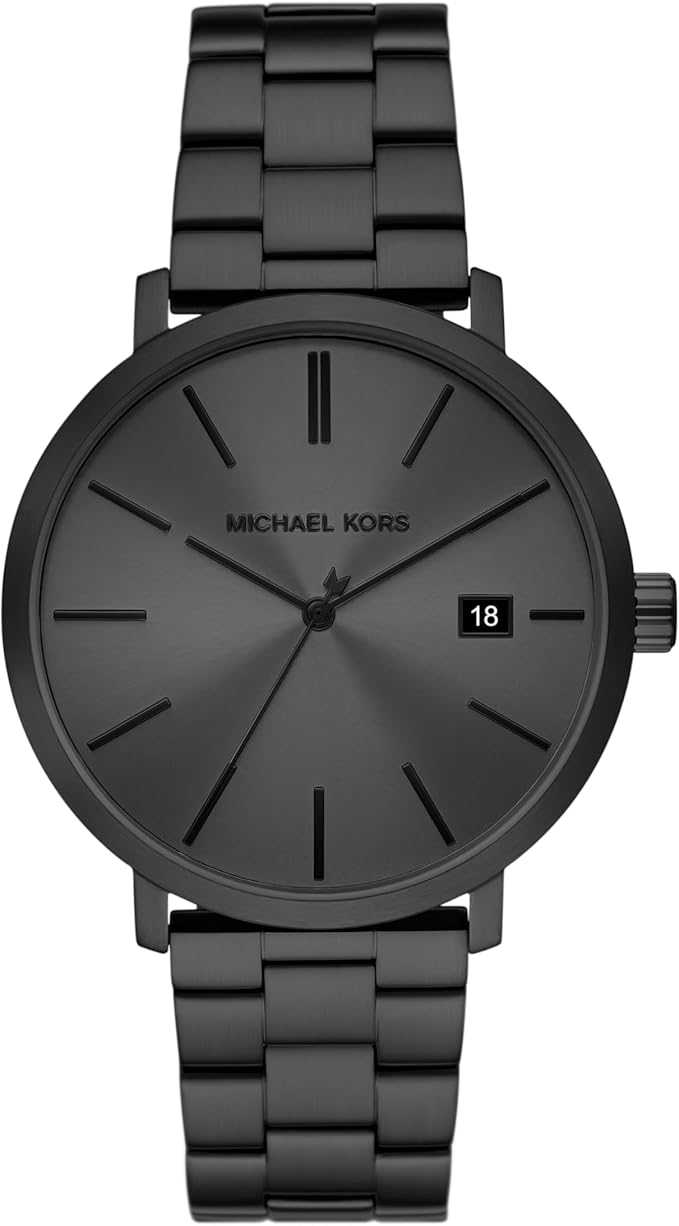 Black stainless steel men's watch with round dial, date window, and matching link bracelet
