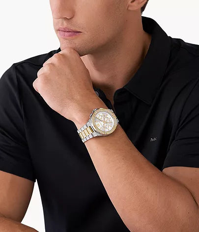 Michael Kors MK9150 two-tone chronograph watch worn on man's wrist