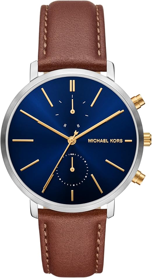 Michael Kors MK9209 chronograph watch with navy dial and brown leather strap, front view