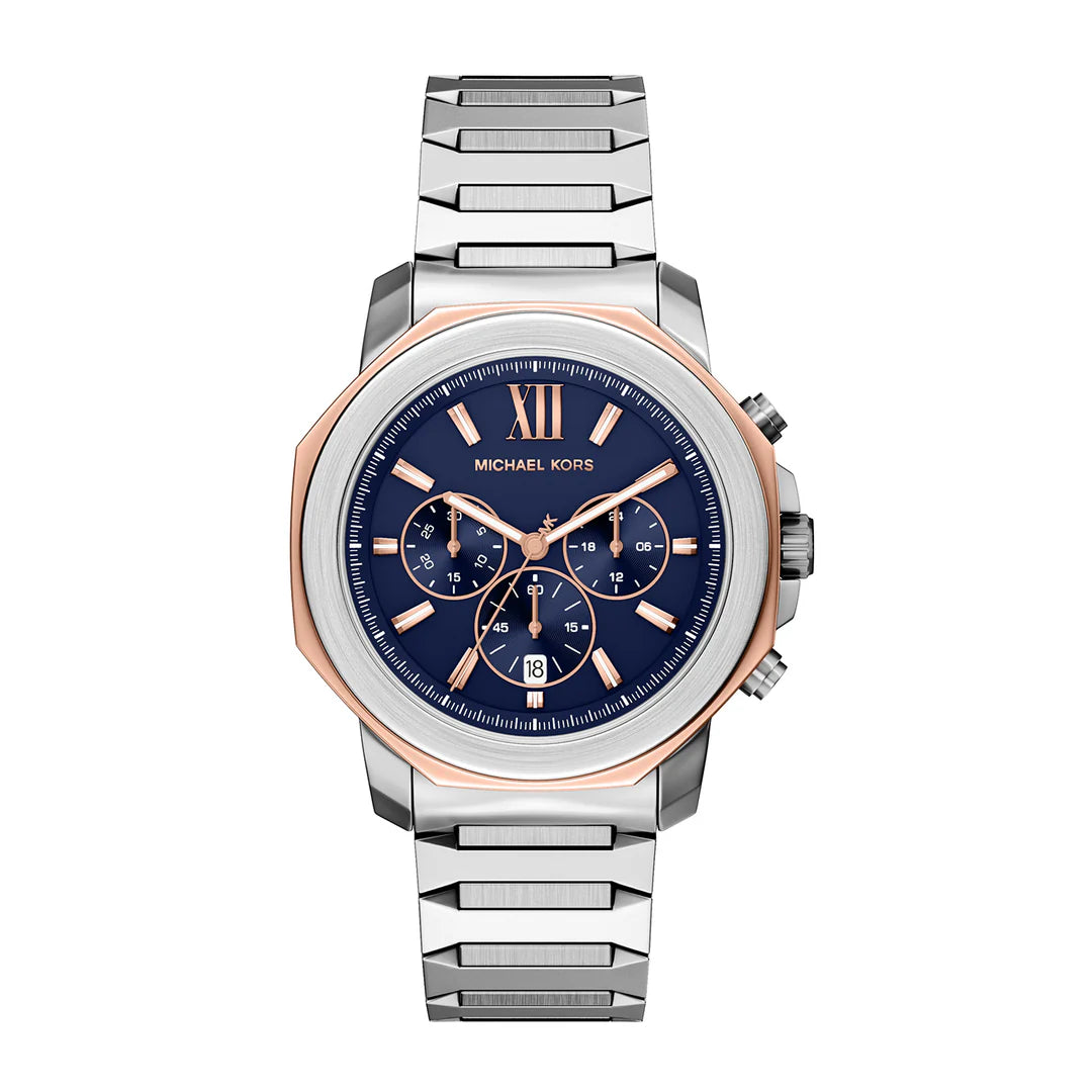 Michael Kors Prescott MK9250 chronograph watch with two-tone steel case, navy dial, and steel bracelet