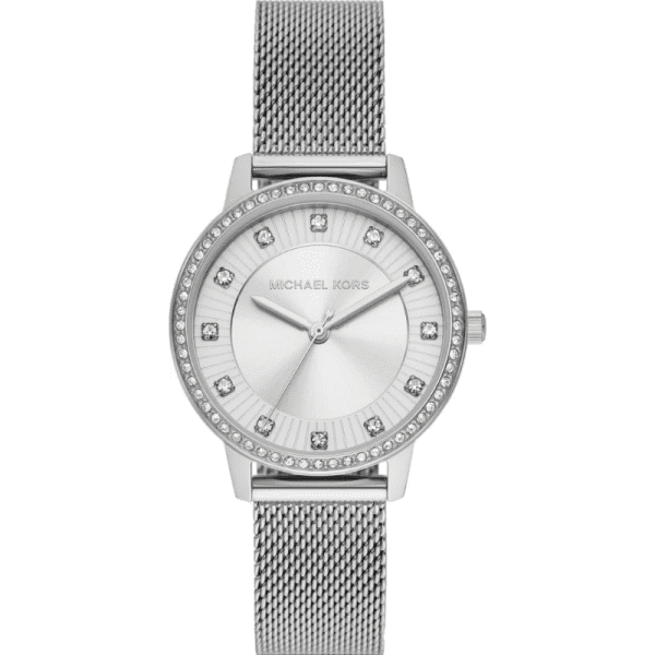 Michael Kors MKO1013 women's watch with white dial, crystal hour markers, and silver mesh strap