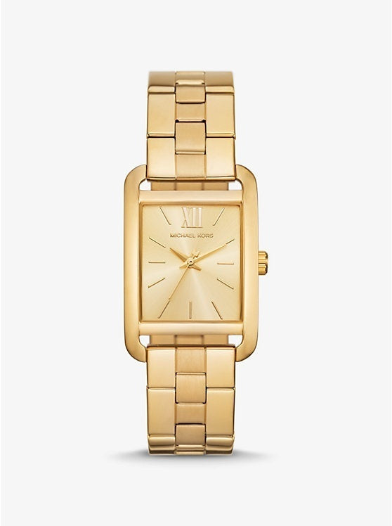Michael Kors gold ladies watch with rectangular face and gold link bracelet
