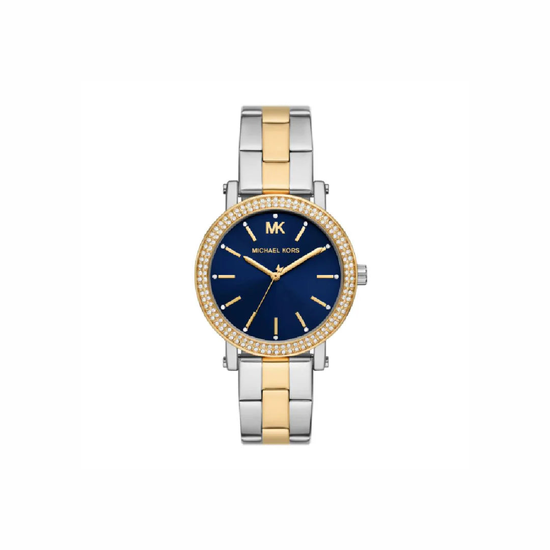 Michael Kors two-tone ladies watch with blue dial, crystal bezel, gold and silver bracelet