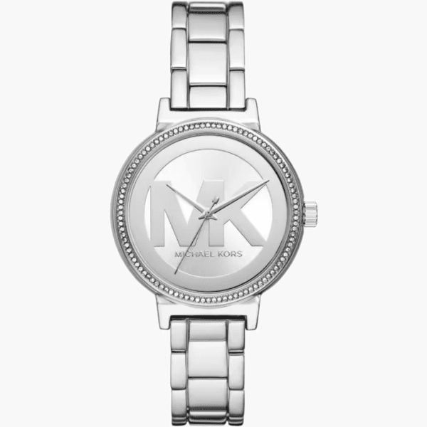 Michael Kors silver stainless steel women's watch with crystal bezel and MK logo dial