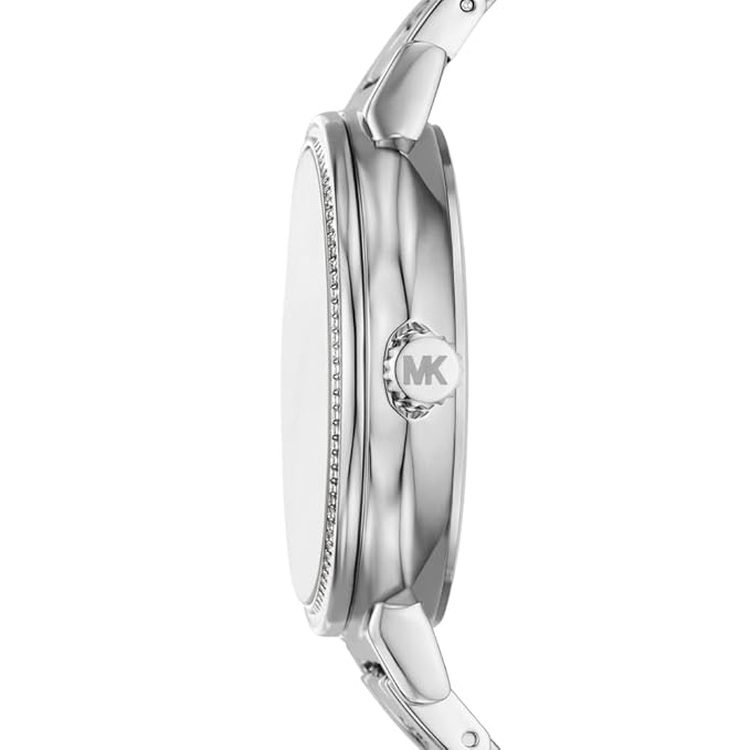Michael Kors MKO1053 watch shown from side profile with stainless steel bracelet