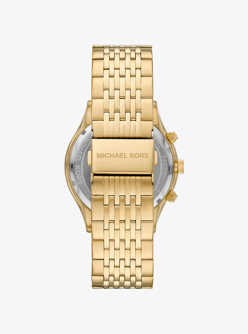 Case back of Michael Kors MKO1209 showing gold-tone bracelet and engraved Michael Kors branding