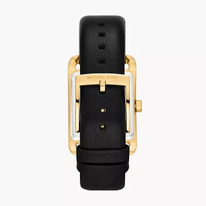 Michael Kors Monroe watch caseback view displaying black leather strap and buckle closure