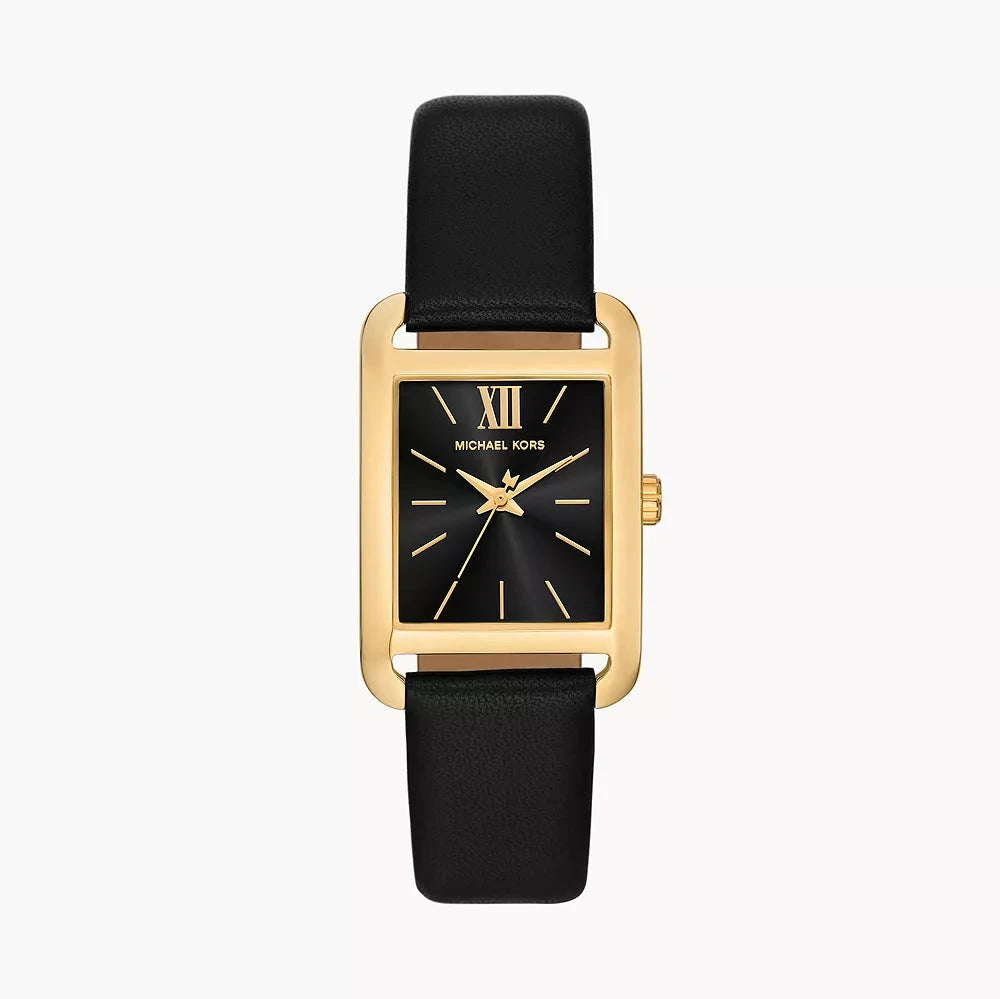 Michael Kors Monroe watch with black dial, gold-tone rectangular case, and black leather strap