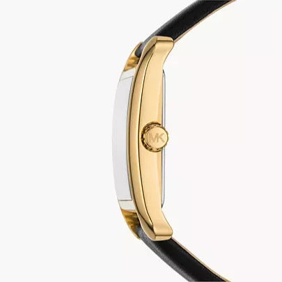Michael Kors Monroe watch side view showing gold-tone case profile and black leather strap