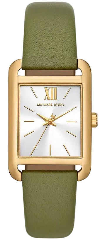 Michael Kors Monroe gold women's watch with white dial, gold Roman numerals, and green leather strap
