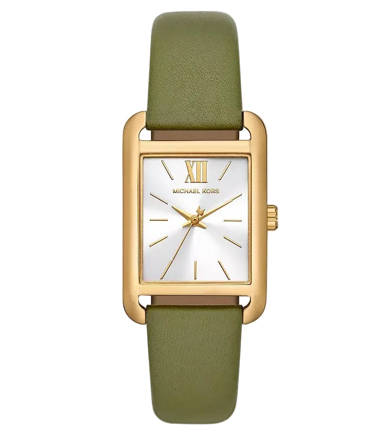 Michael Kors Monroe gold women's watch with white dial, gold Roman numerals, and green leather strap