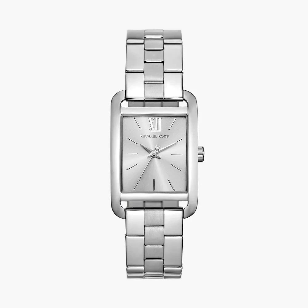 Michael Kors Monroe silver-tone women's watch with rectangular dial and matching steel bracelet