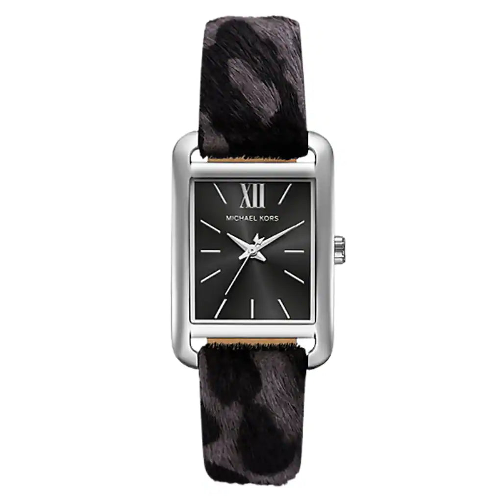 Michael Kors Monroe black dial women's watch with silver case and black patterned leather strap