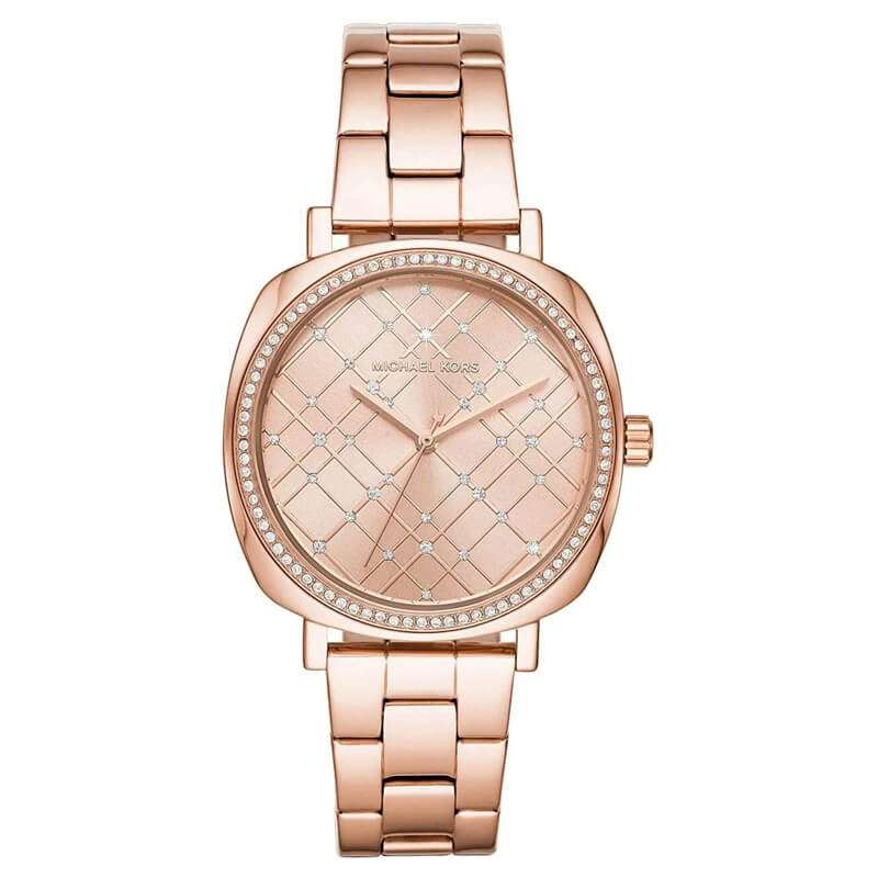Michael Kors Nia MK3990 rose gold women's watch with crystal bezel and quilted dial
