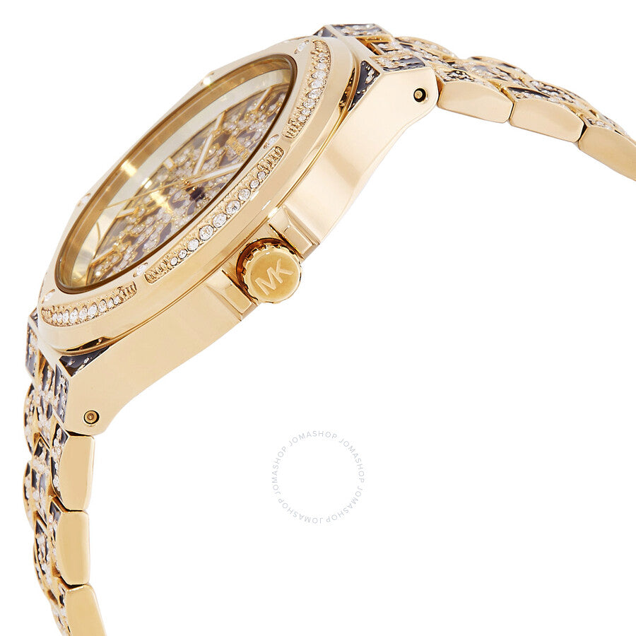 Side profile of Michael Kors Lennox watch showing crystal bezel and animal print bracelet