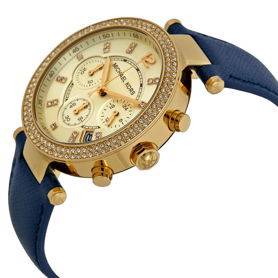 Side angle view of Parker chronograph showing gold-tone case, crystal bezel, and blue strap detail