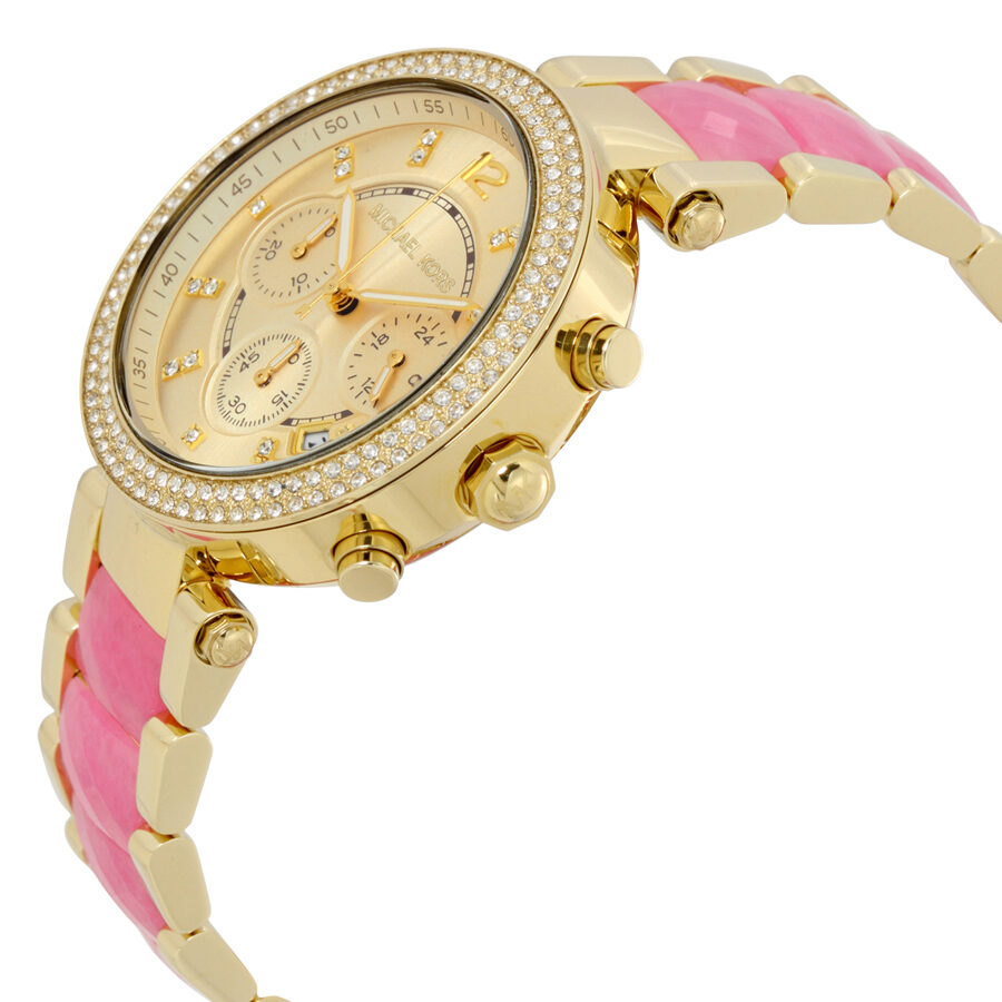 Michael Kors Parker MK6363 angled view showing diamond-set bezel, chronograph subdials, and pink rubber strap