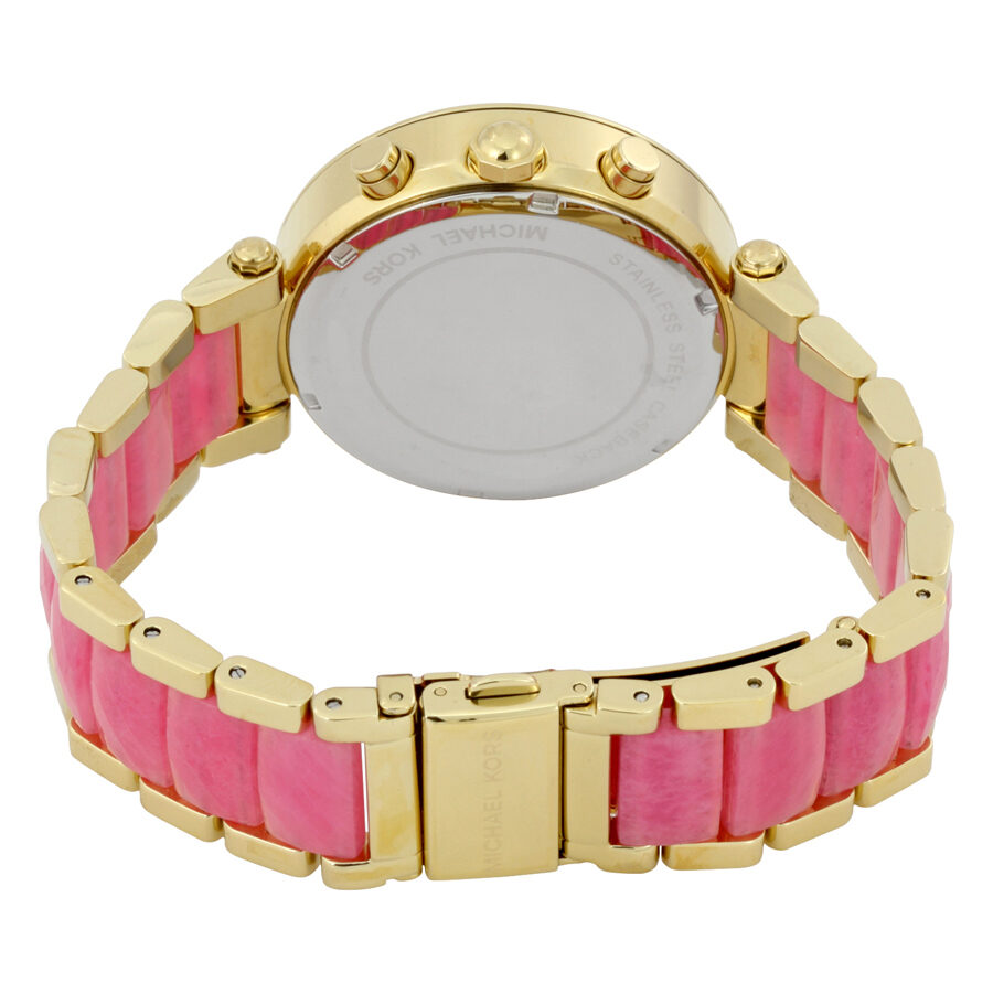 Michael Kors Parker MK6363 caseback view showing stainless steel case back and pink rubber strap
