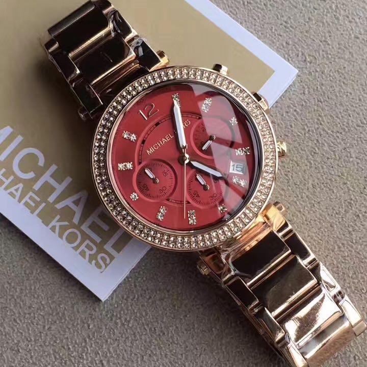 Michael Kors Parker Chronograph Red Dial Gold Ladies Watch MK6106 - The Watches Men & CO #6