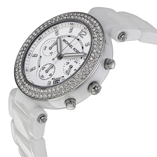 Michael Kors Parker chronograph watch side view showing white ceramic band and crystal bezel detail