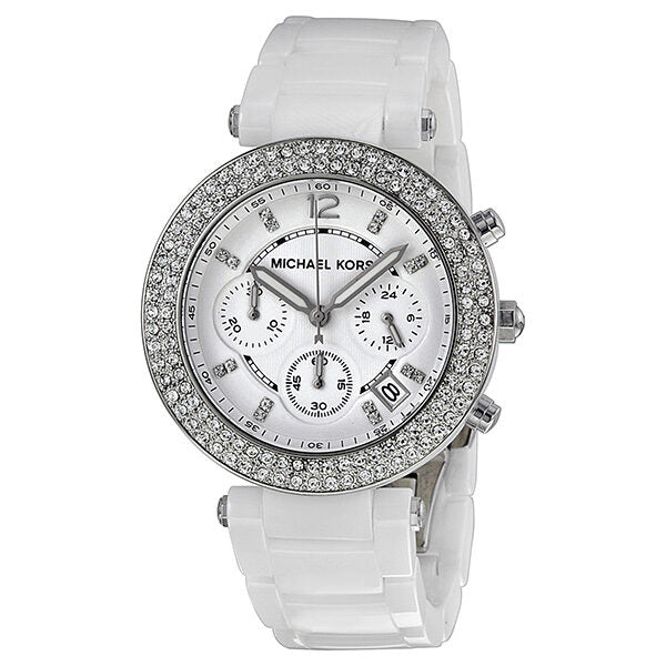 Michael Kors Parker white ceramic chronograph watch with crystal-set bezel and white dial