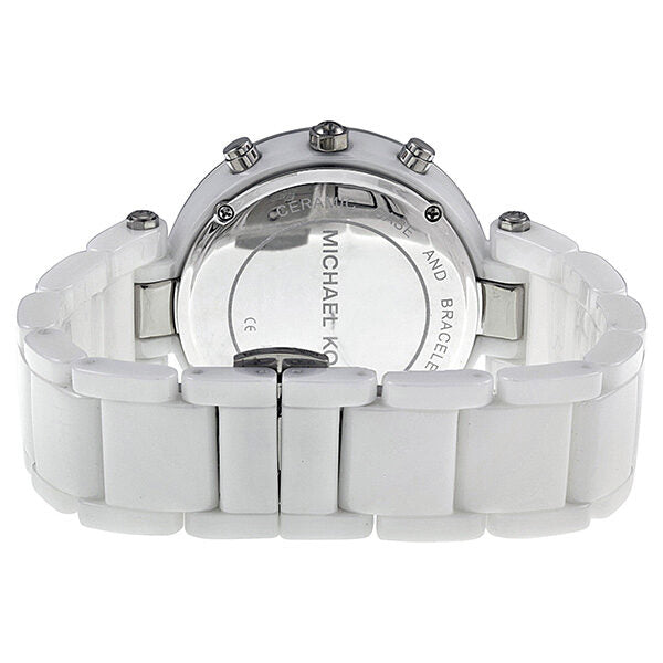 Michael Kors Parker watch caseback showing white ceramic band and chronograph pushers