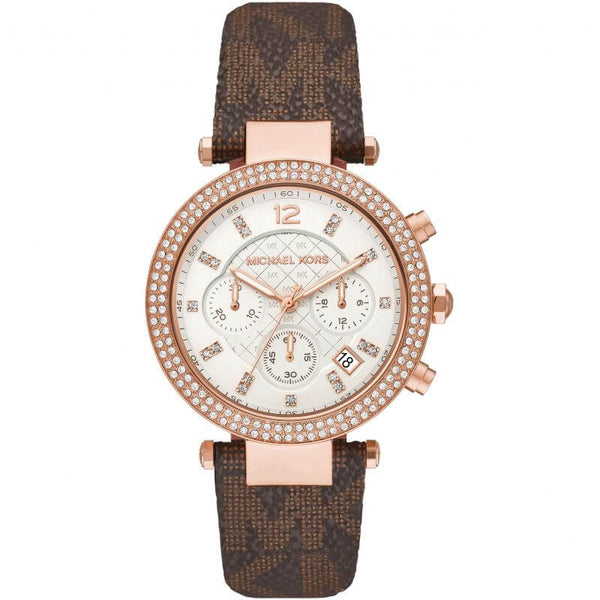 Michael Kors Parker Chronograph White Dial Brown Leather Strap Watch For Women - MK6917 mk6917 - Image 1