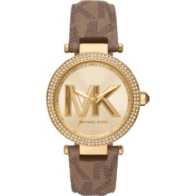 Michael Kors Parker MK2973 gold-tone watch with champagne dial, diamond bezel, and brown leather strap