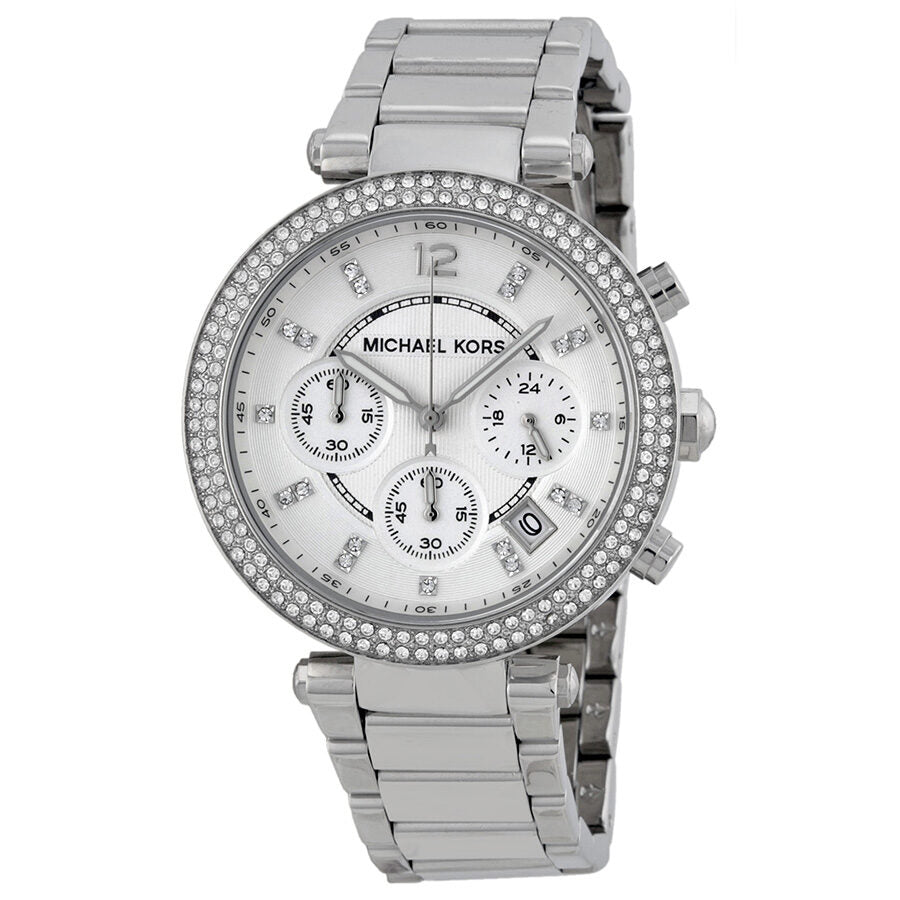 Michael Kors Parker chronograph watch with silver dial and crystal-set bezel