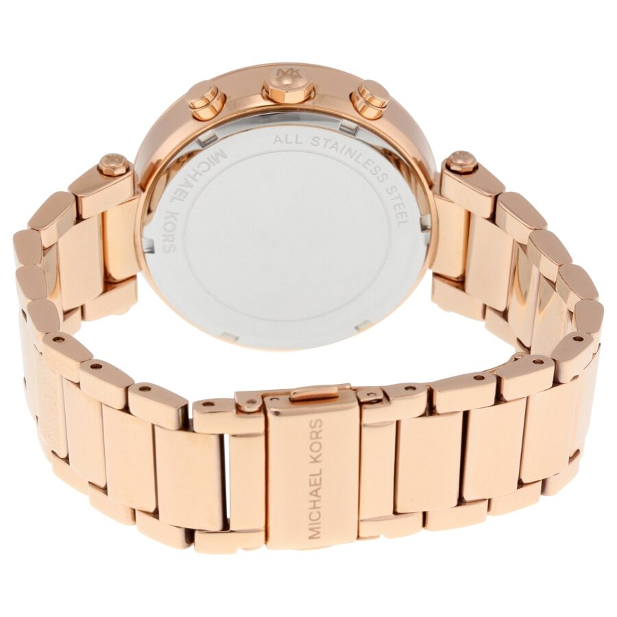 Michael Kors Parker watch caseback showing stainless steel with Michael Kors branding and link bracelet