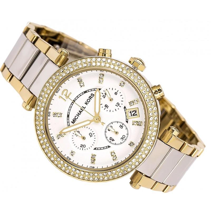 Angled view of Michael Kors Parker chronograph with silver dial and crystal bezel