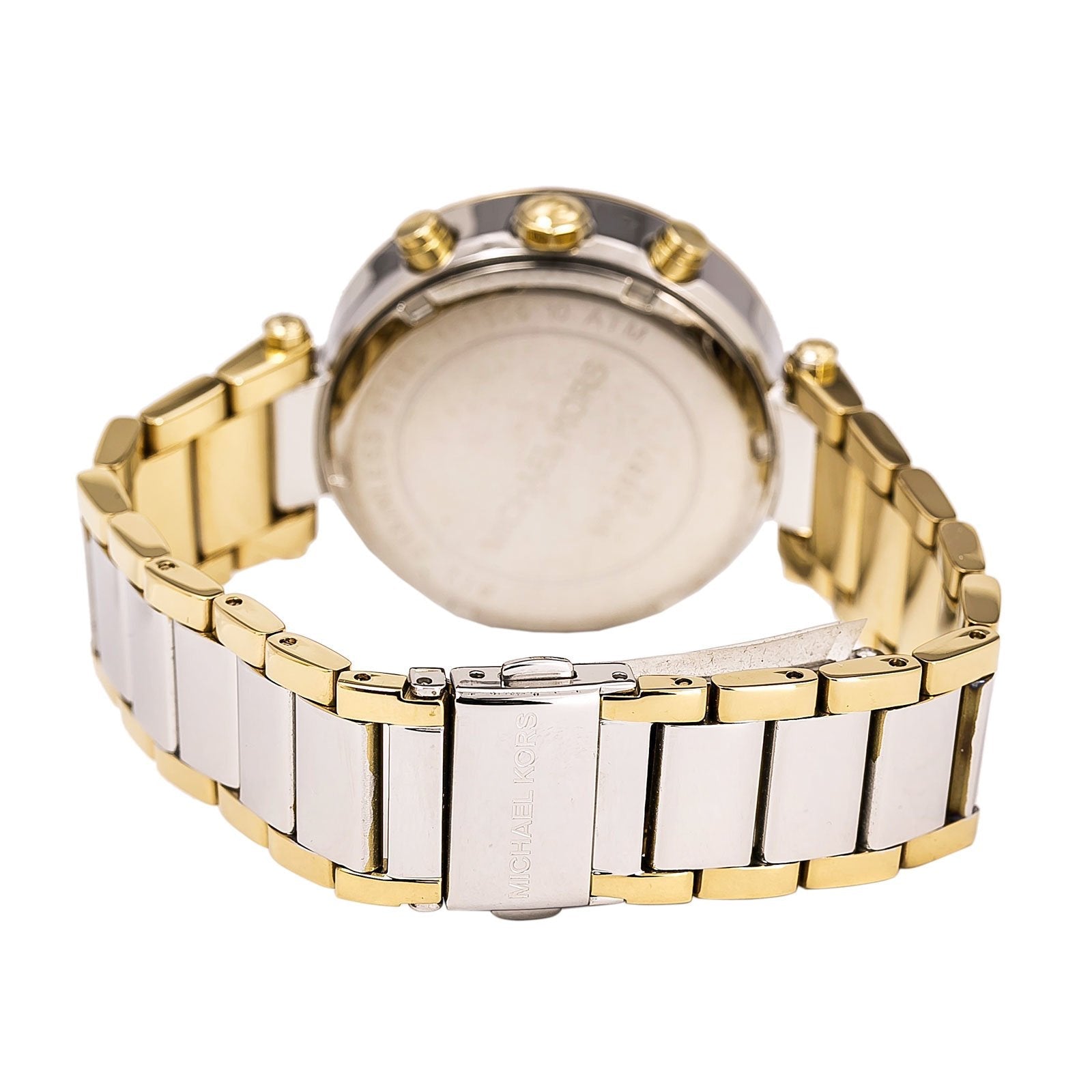 Michael Kors Parker watch caseback showing two-tone stainless steel bracelet