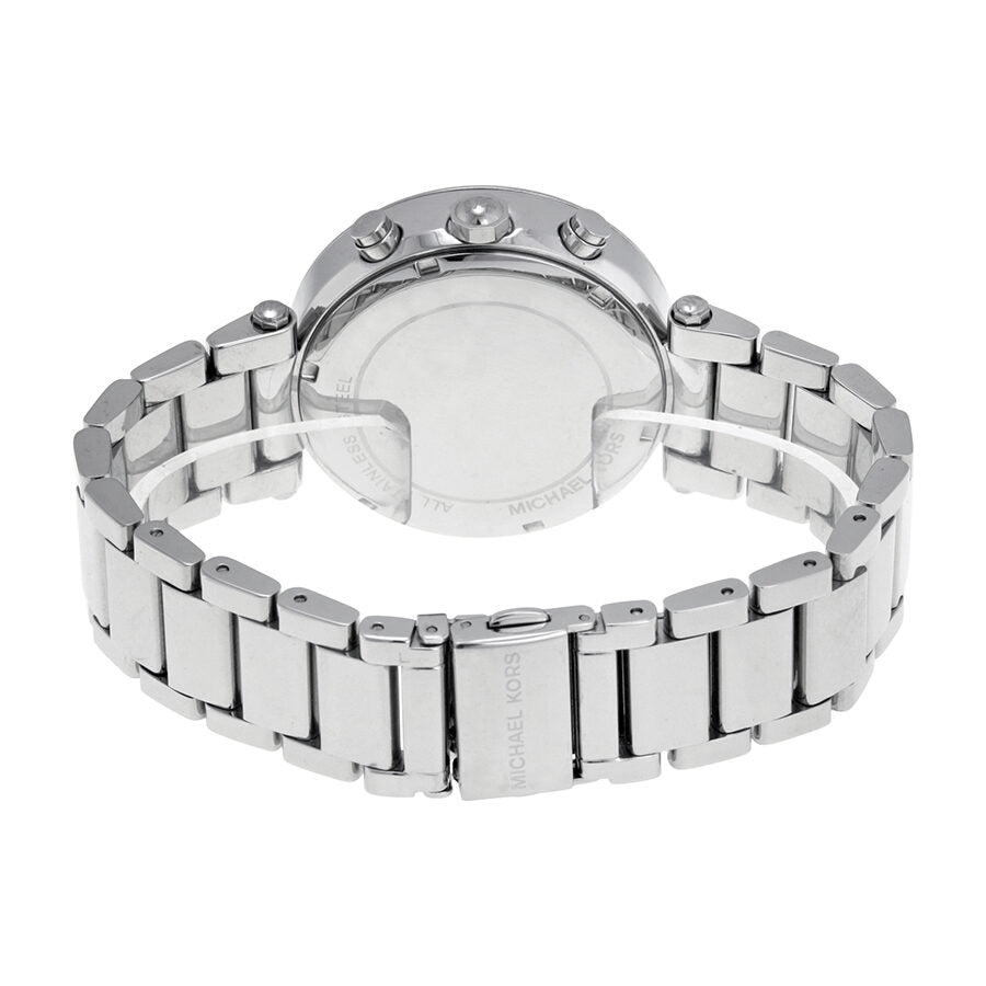 Back case of Michael Kors Parker MK6117 showing stainless steel case and bracelet details