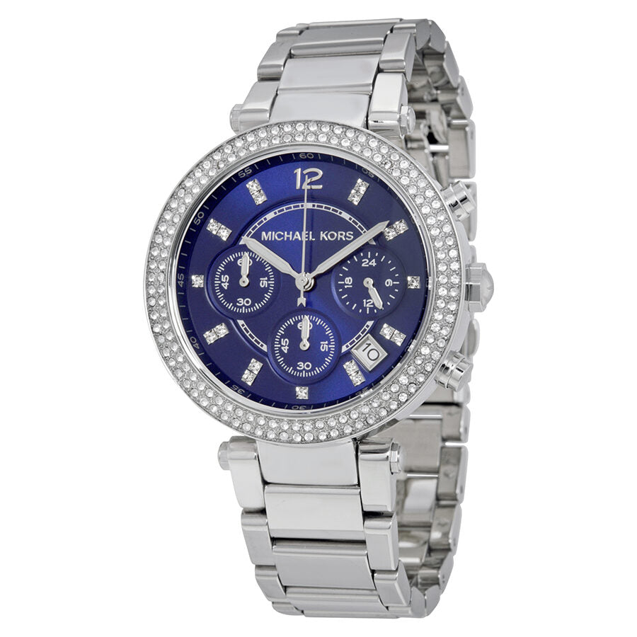 Michael Kors Parker MK6117 chronograph watch with navy dial and crystal-set bezel on silver bracelet