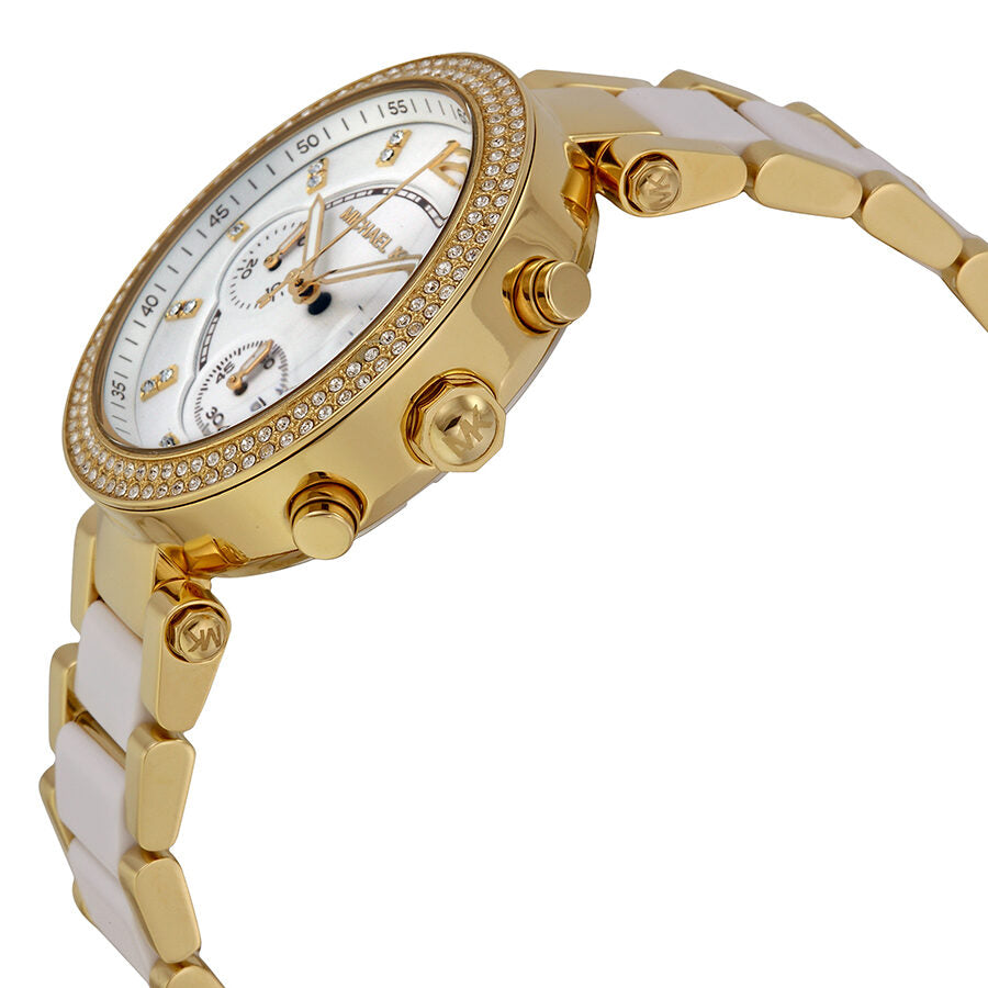 Side angle view of Michael Kors Parker watch showing case profile and bracelet detail