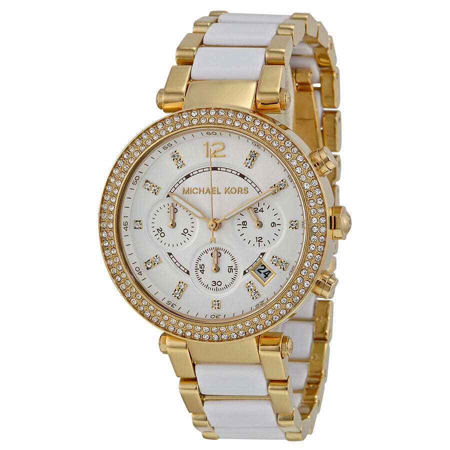 Michael Kors Parker multi-function women's watch with white dial, crystal bezel, and gold and white bracelet