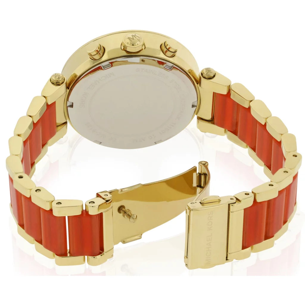 Michael Kors Parker caseback view showing gold and coral bracelet with deployment clasp