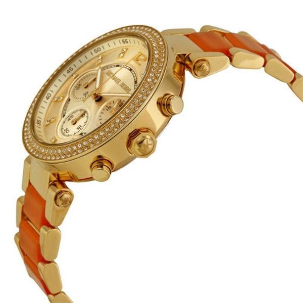Michael Kors Parker ladies watch side view displaying chronograph subdials and gold case