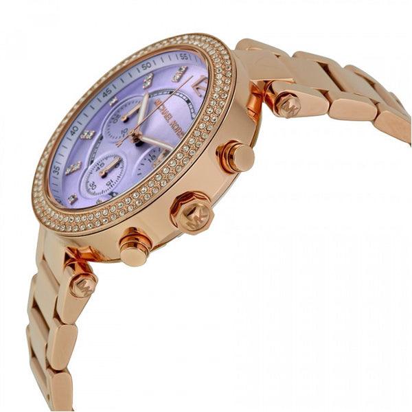Michael Kors Parker watch angled side view showing rose gold case and chronograph subdials