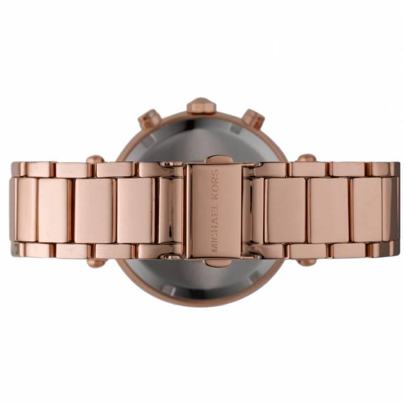 Michael Kors Parker caseback view showing rose gold-tone bracelet strap