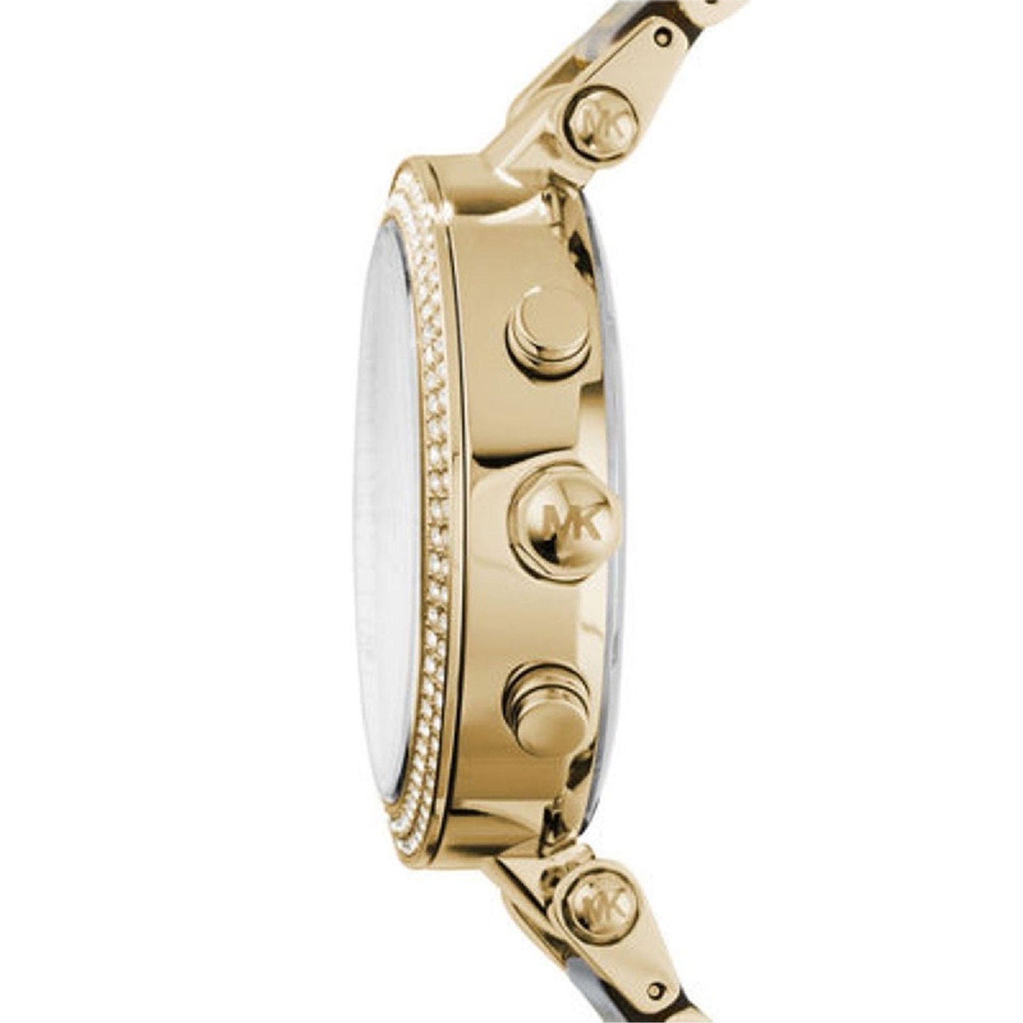 Side view of Parker watch showing gold-tone stainless steel case, crystal bezel, and bracelet