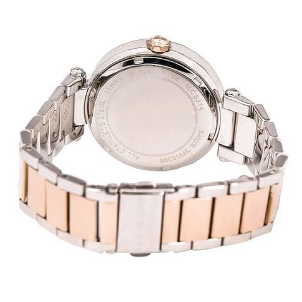 Case back view of Michael Kors Parker MK6314 showing engraved caseback and two-tone bracelet