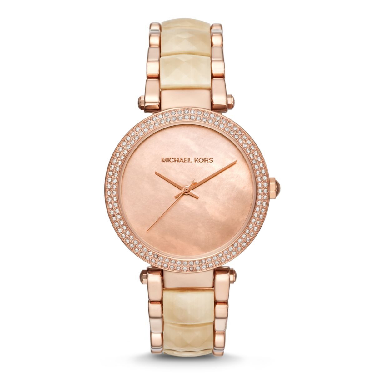 Michael Kors Parker watch with pink mother of pearl dial and rose gold crystal-set bezel
