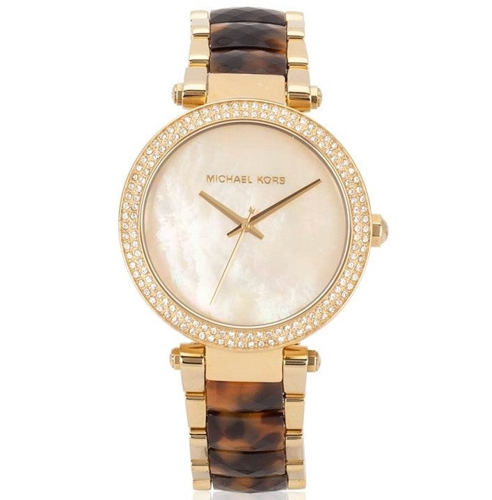 Michael Kors Parker women's watch with mother of pearl dial, crystal-set bezel, and tortoiseshell strap