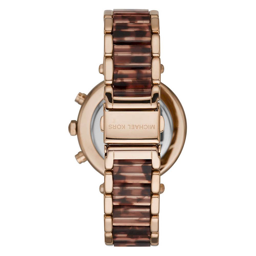 Case back view of Michael Kors Parker chronograph watch with rose gold metal and tortoise link strap