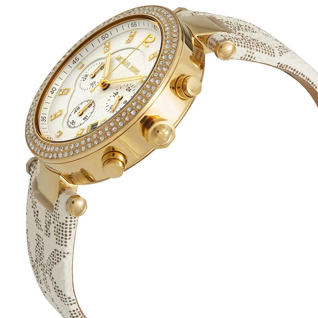 Side profile of Parker chronograph watch showing gold case, white dial, chronograph subdials, and white patterned strap