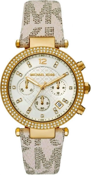 Michael Kors Parker chronograph watch with white dial, gold case, crystal bezel, and white leather strap